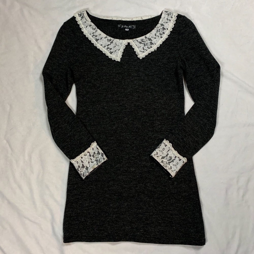 Heather gray dress with lace collar and cuffs